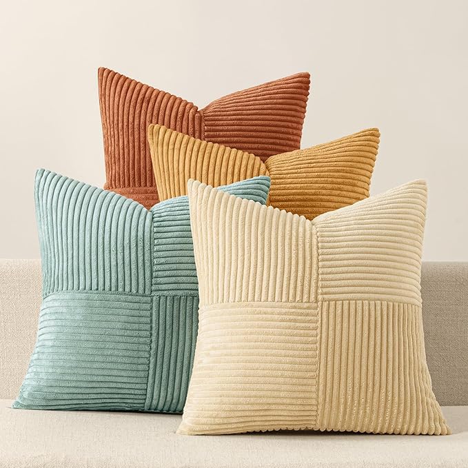 MIULEE Fall Boho Farmhouse Decorative Throw Pillow Covers 20x20 Inch 4 Packs Soft Vintage Pillow Cases Modern Corduroy Patchwork Cushion Covers for Couch Sofa Bed Home Decor, Teal-Rust