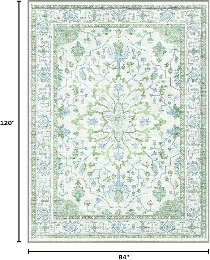 RELEANY Area Rugs 7'x10' Washable Non-Slip, Floral Vintage Distress Medallion Carpet for Living Room Bedroom Dining Room, Green White Blue