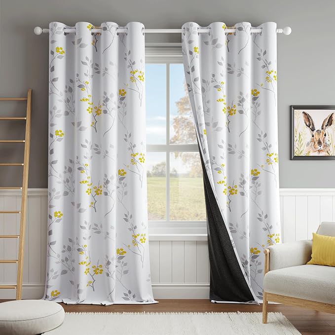 Beauoop Floral 100% Blackout Curtains Bedroom Yellow Grey 52X108 2 Panels | Flower Patterned Yellow White Room Darkening Drapes for Living Room Thermal Insulated Soundproof Window treatment Grommet