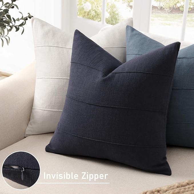 12x20 Pillow Covers Set of 2 Decorative Linen Lumbar Pillow Covers Solid handcrafted Striped Cushion Covers for Bed Soft Modern Farmhouse Neutral Pillowcase for Couch Bedroom Living Room (Dark Navy)