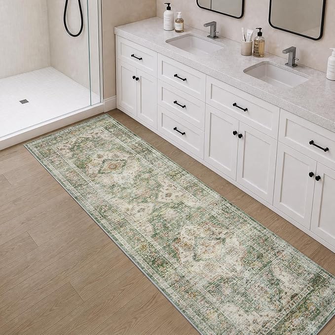 AMOAMI-2X6 Runner Rug-Washable Runners for Hallways-Soft Non Slip Bedside Rugs for Bedroom-Vintage Long Rug for Hallways Entryway Laundry Room Stair Kitchen Bathroom Olive Green