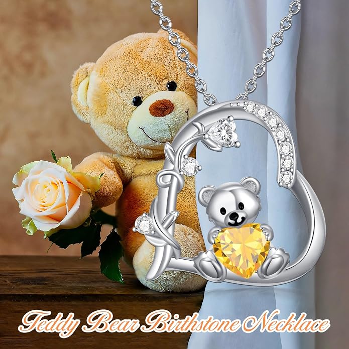 PELOVNY Teddy Bear Necklace for Women 925 Sterling Silver Bear/Highland Cow/Fox/Cat/Axolotl Birthstone Necklace Christmas Birthday Jewelry Gifts for Mom Daughter Wife Sister