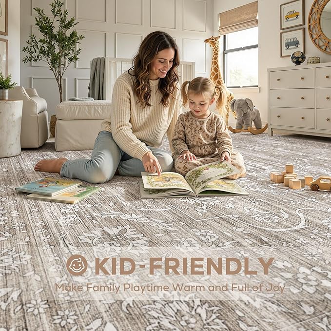 Nakagishi 6x9 Area Rugs Living Room: Washable Large Vintage Rug Neutral Non-Slip Soft Stain Resistant Indoor Carpet for Bedroom Nursery Dining Room Office Playroom - Light Brown