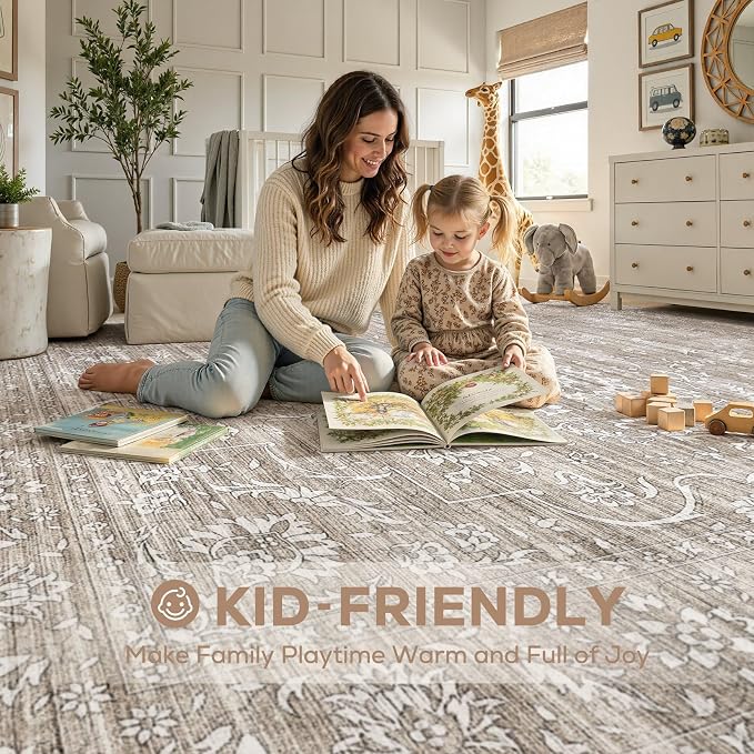 Nakagishi 7x9 Area Rugs Living Room: Washable Large Vintage Rug Neutral Non-Slip Soft Stain Resistant Indoor Carpet for Bedroom Nursery Dining Room Office Playroom - Light Brown
