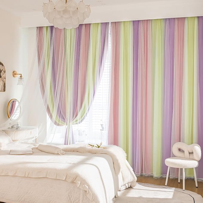 XiDi Pink Yellow Curtains 84 Inches Long 2 Panels for Girls Bedroom Blackout Curtains with Sheer Overlay for Kids Princess Nursery Room Darkening Mix & Match Double Layer Grommet Drapes W34 X L84
