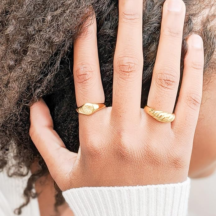 18K Gold Plated Women's Starburst Signet Ring - Minimalist Mother of Pearl Statement Piece