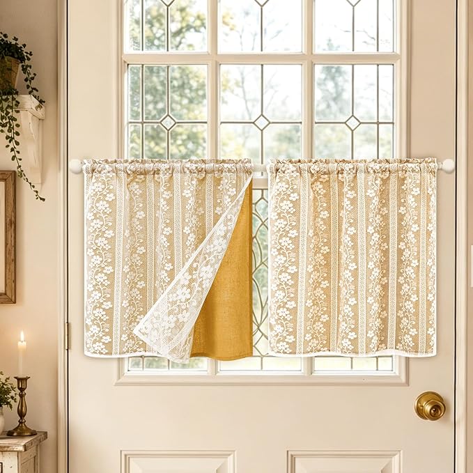 ASPMIZ Linen Kitchen Curtains Double Layer Kitchen Window Curtains Over Sink 24 Inch Mustard Yellow Tier Curtain Light Filtering Rod Pocket Cafe Curtain Short Window Treatments with 2 Tiebacks, 26x24