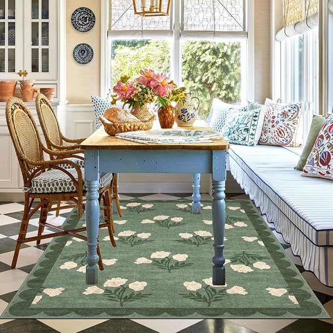 4x6 Boho Bedroom Rug - Sage Green Soft Washable Entry Rug Non Slip Stain Resistant Vintage Floral Scalloped Area Rugs for Living Room Bedroom Entryway Dining Room Kitchen Nursery Home Decor