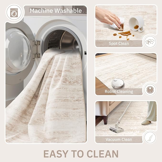 Soalmost 8x10 Area Rugs for Living Room, Washable Neutral Rug Beige Ivory | Vintage Floral Soft Stain Resistant Non-Slip Low Pile Thin Carpet for Dining Room Bedroom Kitchen Home Office Nursery 8'x10'