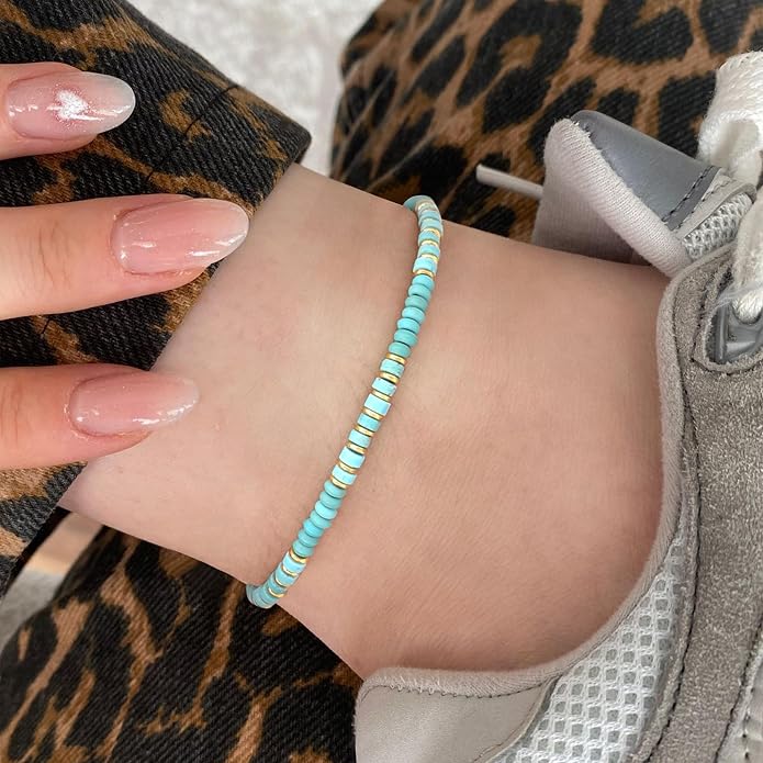 Natural Stone Beaded Anklets for Women Teen Girl Gifts Trendy Stuff Boho Anklet Colorful Bead Ankle Bracelets for Women Waterproof Handmade Beach Gifts Summer Jewelry Birthday Christmas Gift
