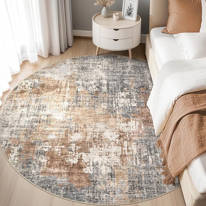 DMOYEST 6ft Round Area Rug Living Room Rugs - 6x6 Washable Large Soft Indoor Neutral Modern Abstract Low Pile Rug Carpet for Bedroom Dining Room Farmhouse Home Office - Grey Brown