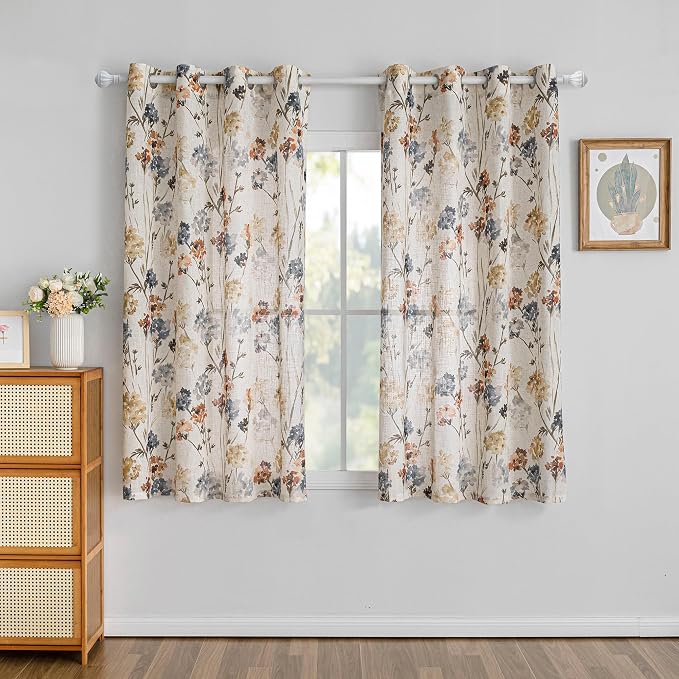 MYSKY HOME Linen Floral Curtains & Drapes 63 Inch Long 2 Panels Semi Sheer Light Filtering Privacy Flower Print Grommet Window Treatments for Kitchen Bedroom, 52" Wide Each Panel, 2 Pcs, Yellow