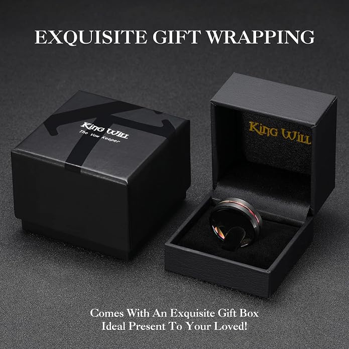 King Will Mens 8mm Rose Gold Groove/Gold Loop/Black Cross Groove Tungsten Carbide Wedding Ring Line Flat Pipe Cut Brushed Polished Comfort Fit 7-14