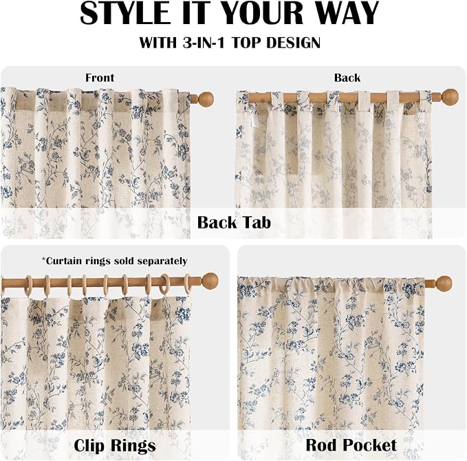 Lazzzy Blue Floral Linen Curtains 63 Inch Farmhouse Back Tab Drapes for Living Room Bedroom Light Filtering Vintage Grandmillennial Rod Pocket Curtains, 2 Panels, W38 x L63, Blue on Beige