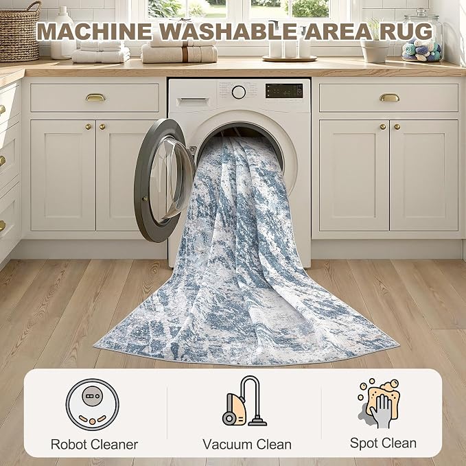 DMOYEST 6x9 Washable Area Rug: Abstract Modern Non-Slip Carpet, Soft Low Pile Indoor Neutral Easy Clean Floor Rugs for Living Room Bedroom Dining Room Kids & Pets - Blue