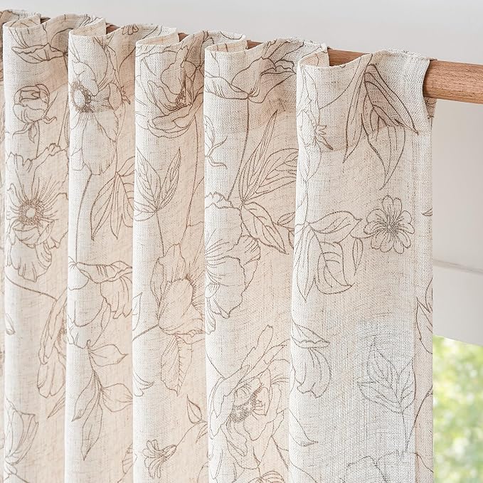 jinchan Linen Floral Curtains for Living Room 84 Inch Length Taupe Flower Curtain Rod Pocket Back Tab Farmhouse Curtains with Printed Floral Bedroom Window Curtain Set, 2 Panels Taupe