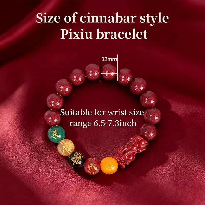 Five Roads Wealth God Cinnabar Pixiu Bracelet - Feng Shui Red String Bracelet for Good Luck & Money Attraction, Fortune Blessing for Men & Women, Adjustable Lucky Charm Bracelet (Classic & Cinnabar Options, 8/10/12mm)