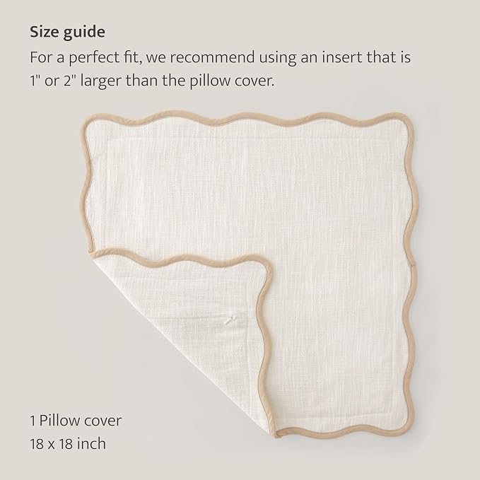 Double Stitch Scalloped Throw Pillow Covers - 100% Cotton Decorative Boho Pillow Covers 18 x 18, Made in India, Square Cushion Case, Modern Home Decor for Couch Sofa Living Room, Cream
