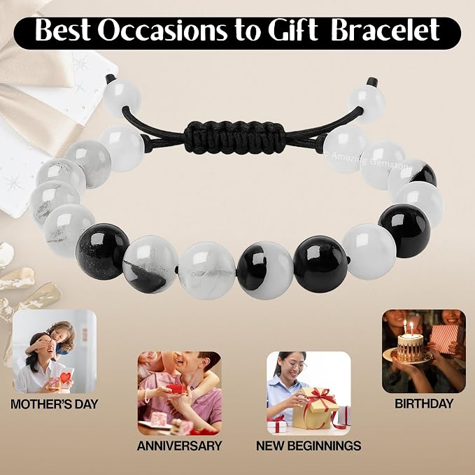 Amazing Gemstone Black Rutilated Quartz Bracelet for Women Men's Gifts - Protection Healing Crystal Bracelet - 8mm Gemstone Beaded Adjustable Bracelet Pulseras para Hombres Mujer Stocking Stuffers