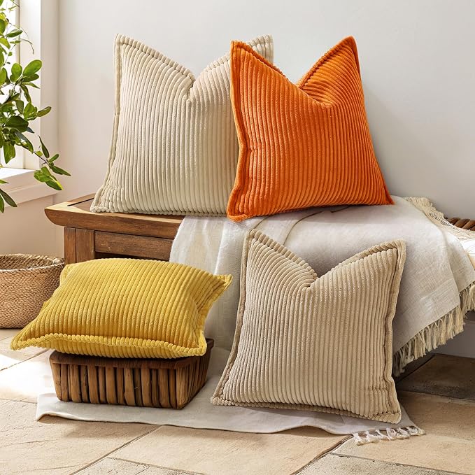 decorUhome Fall Corduroy Burnt Orange Throw Pillow Covers 12x20 Set of 2 | Lumbar Couch Decorative Soft Modern Boho Farmhouse Pillow Covers Broadside Striped Pillow Cases for Living Room Bed Sofa