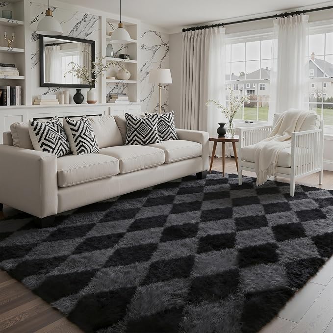 GENIMO Checkered Rug 8x10 Area Rugs for Kids Bedroom Soft Shag Rug Fluffy Fuzzy Carpet Plush Rugs for Living Room Nursery Playroom Dorm Modern Home Decor Aesthetic, Black and Grey