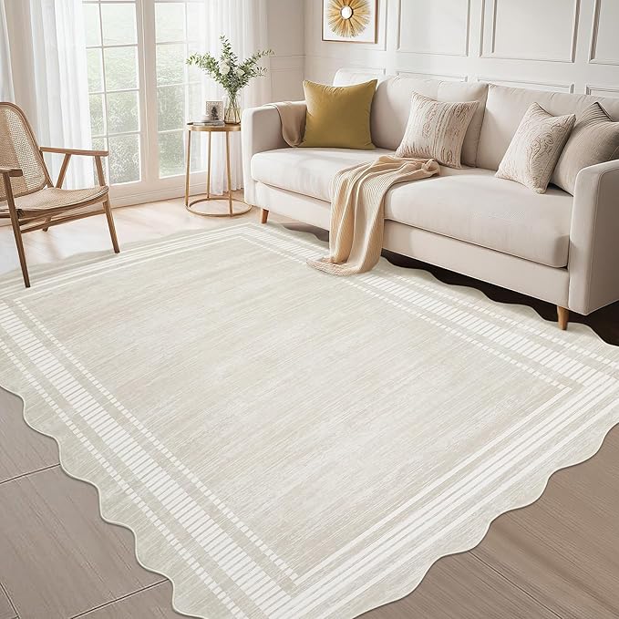 Garvee Washable Area Rug 4x6 Scalloped Rugs for Living Room Solid Carpet 4x6 Rugs for Bedroom Nursery Dining Room Table Non-Slip Stain Resistant Entryway Rug Beige | Rugs for Living Room, Non-Slip Soft Carpet for Bedroom, Scalloped Low-Pile Solid Rug A...