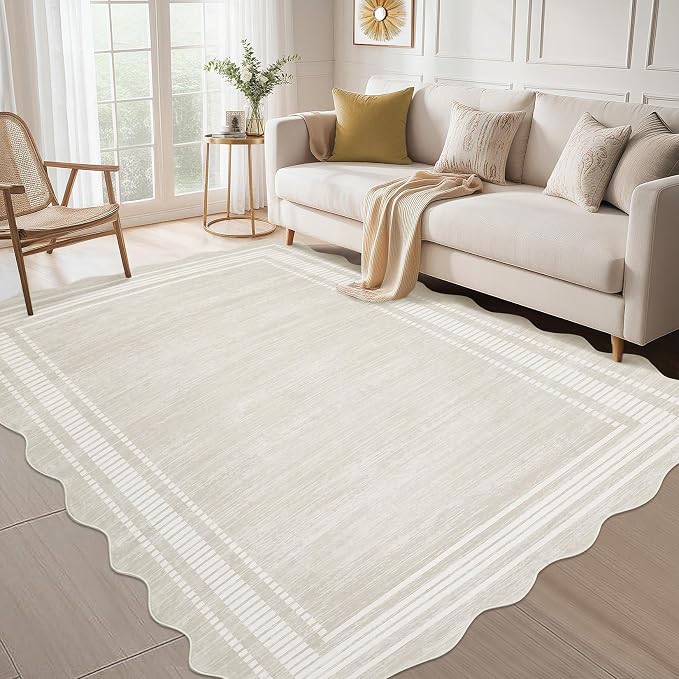 Garvee Scalloped Modern Abstract Rug 5x7 Washable Rug for Bedroom, Non-Slip Non-Shedding Soft Living Room Rug, Minimalist Scalloped Low-Pile Throw Carpet for Dining Room Home Office, Beige | Rugs for Living Room, Non-Slip Soft Carpet for Bedroom, Scall...