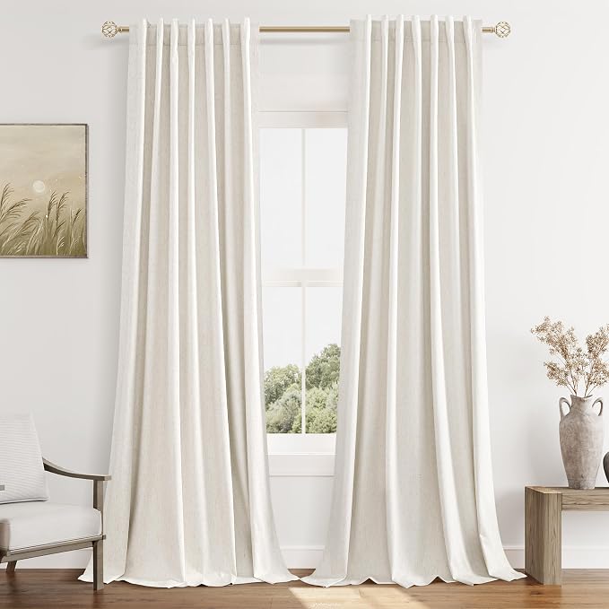 Beige White 100% Blackout Linen Curtains 132 Inch Length 2 Panels Set for Living Room Bedroom Back Tab Thermal Insulated Black Out Drapes Room Darkening Farmhouse Style for Bedroom Window Curtains