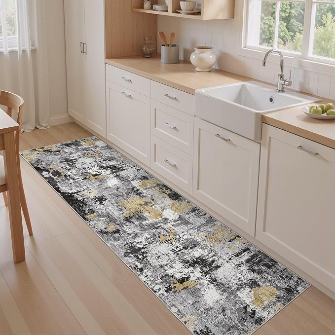 Abstract 2x6 Runner Rug: Machine Washable Non Slip Ultra Thin Low-Pile Carpet, Soft Stain Resistant for Hallway Kitchen Bathroom, Kid Pet Friendly, Robot Vacuum Compatible - Black Gold