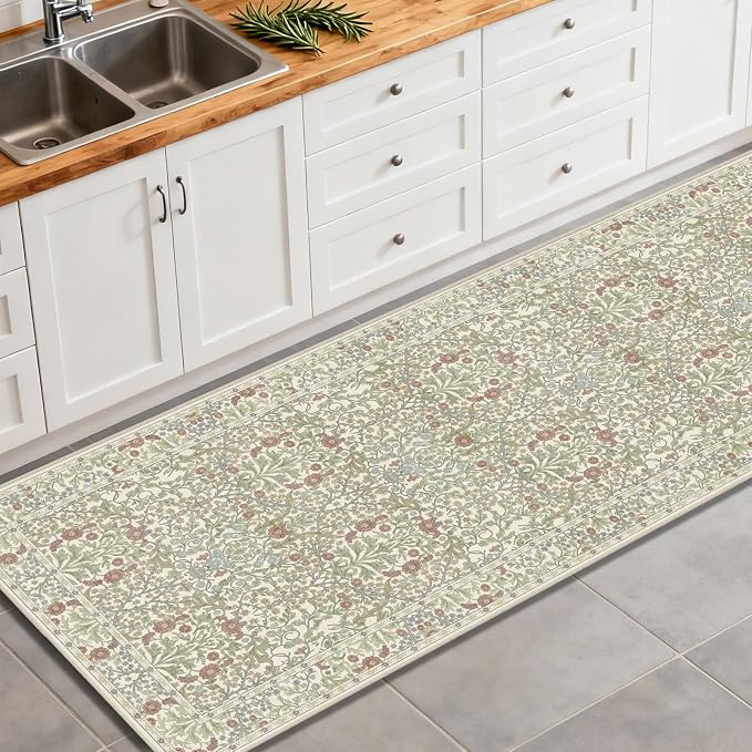 Washable 2'6" x 8' Runners for Hallways, Non Slip Long Floor Runner for Kitchen, Entryway Indoor, Stain Resistant Rubber Backing Floral Decor Rug (Light Green)