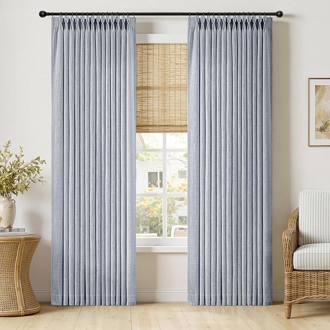 MIULEE Pinch Pleated Thick Linen Curtains 96 Inches Long 2 Panels for Living Room Bedroom, Memory Trained Pleat Drapes Light Filtering Light Blue Semi Sheer Window Curtains Hooks Rings Back Tab