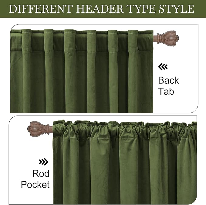 RYB HOME Army Green Velvet Curtains for Bedroom Living Room, Thermal Insulated Privacy UV Heat Blocking Luxurious Soft Rod Pocket Back Tab Drapes for Nursery, 52" W x 72" L, 2 Panels