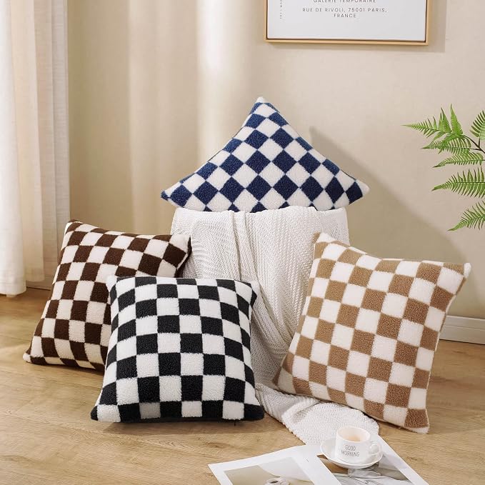 AmHoo Pack of 2 Decorative Throw Pillow Covers Checkerboard Luxury Super Soft Faux Fur Wool Set Case Cushion for Couch Sofa Bedroom 26 x 26-Inch Black
