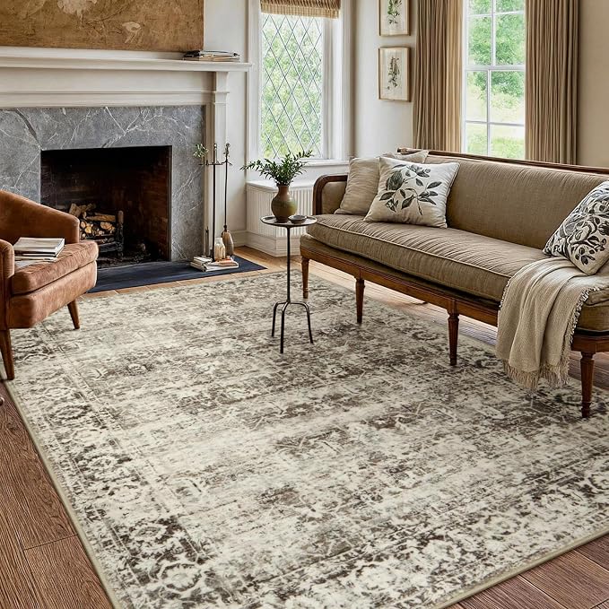 Lahome Margot Washable Rug 6x9 Beige Area Rugs for Living Room,Boho Soft Room Rugs for Bedroom Indoor Carpet,Vintage Non-Slip Low-Pile Accent Rugs Dining Room Office Playroom(6 x 9,Beige)