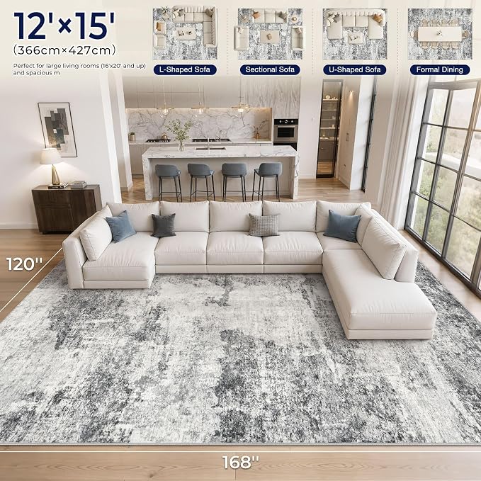 DMOYEST 12x15 Area Rug for Living Room, Washable & Non Slip Large Indoor Carpet, Kid & Pet Friendly Soft Thin Low Pile Abstract Rug for Bedroom and Office - Grey