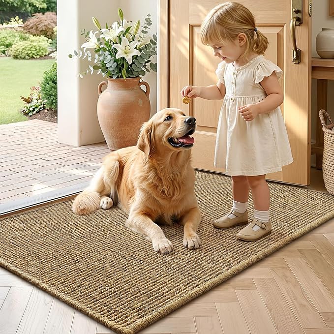 LUMI Indoor Door Mat 20"x32", Non-Slip Handwoven Sisal Rug, Solid Brown | Handcrafted Natural Sisal Fibers, Reinforced Edges Resist Fraying, 0.2" Low-Profile Doormat, Dot-Coated Non-Slip Backing
