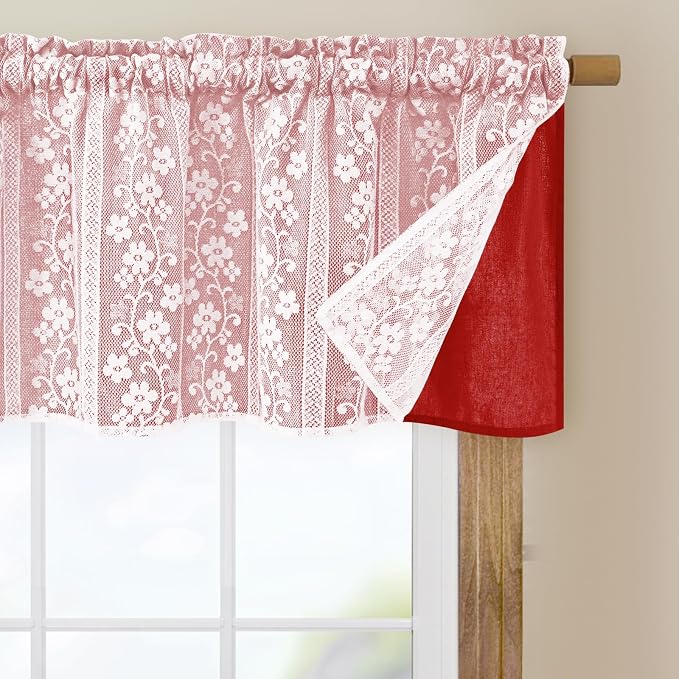 ASPMIZ Linen Valance Curtains Double Layers Window Curtains with Linen Lace, Farmhouse Kitchen Curtain Valance Light Filtering Cafe Curtain 18 Inch Window Treatment Rod Pocket for Bathroom, 52x18 Red