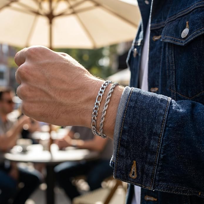 Mens Bracelet - Dainty Gold/Silver Chain Bracelet Stack 14K Gold Plated Silver Bracelets for Men Stainless Steel Adjustable Cross Charm Cuban Link Bracelet Snake Jewelry Set to Men Dad Birthday Day