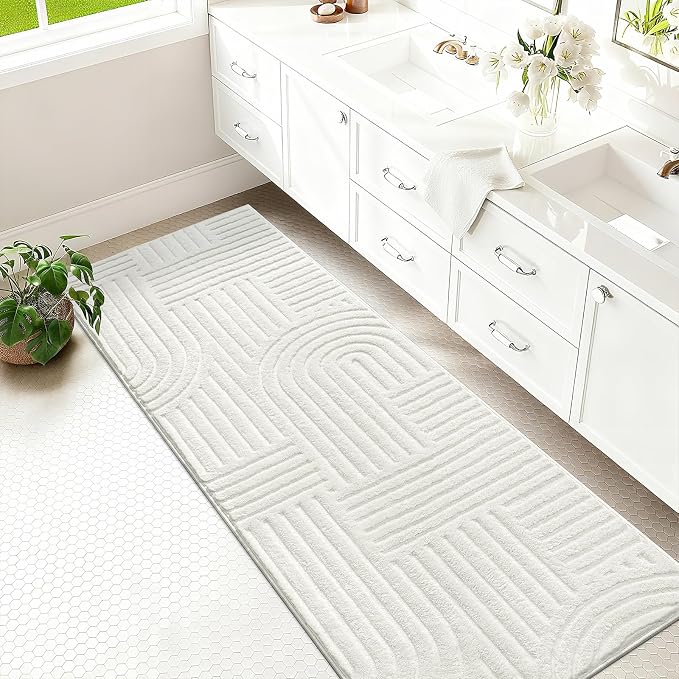 SHACOS Soft Cozy Fluffy Arch Pattern Runner Rugs 2x10 Cream White | High Low Pile Non Slip Washable Minimalist Area Rug Runner Modern Carpet for Living Room Bedroom Bathroom Hallway Kitchen