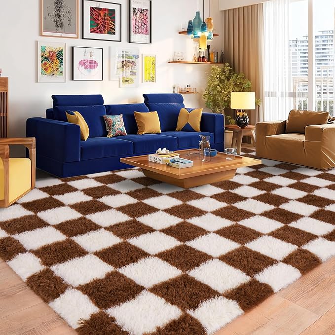 Pionblank 8x10 Area Rugs for Living Room, Fluffy Plush Checkered Rug for Bedroom, Shag Non Slip Soft Furry Large Carpet for Kids Room Nursery Home Decor, Brown and Cream White