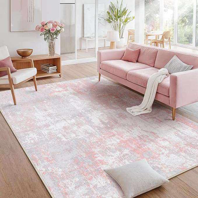 RELEANY Washable Area Rugs 7'x9' Non-Slip Modern Abstract Soft for Living Room Entryway Bedroom Kitchen, Print Pattern, Grey Pink