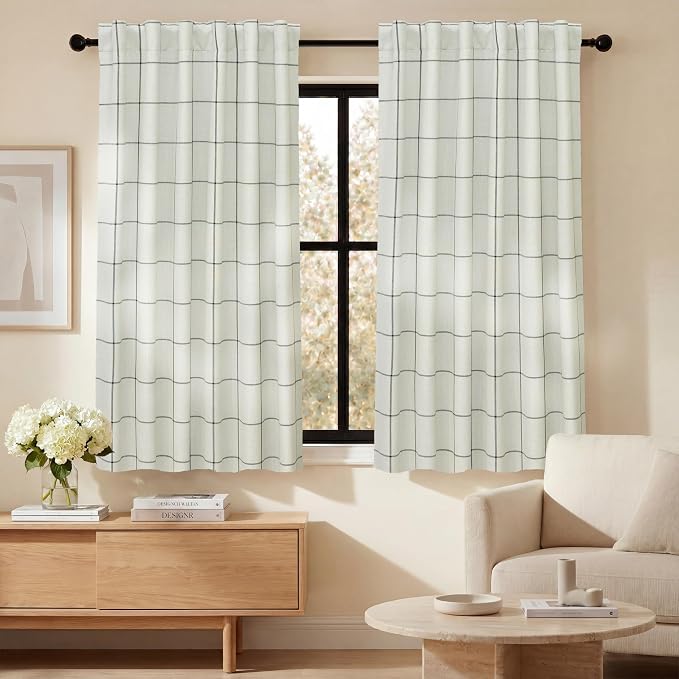 DriftAway 100% Blackout Windowpane Plaid Linen Curtains 45 Inches Black | Double Layer Farmhouse Drapes for Living Room Bedroom Yarn Dyed Woven Thermal Insulated Rod Pocket Back Tab 2 Panels