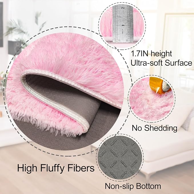 3x5 Fluffy Pink Rugs for Bedroom Girls, Soft Pink Fuzzy Rug for Girls Kids Baby Room, Kawaii Fuzzy Thick Shag Carpet Plush Mat Non-Slip Throw Rugs for Nursery Playroom Dorm Home