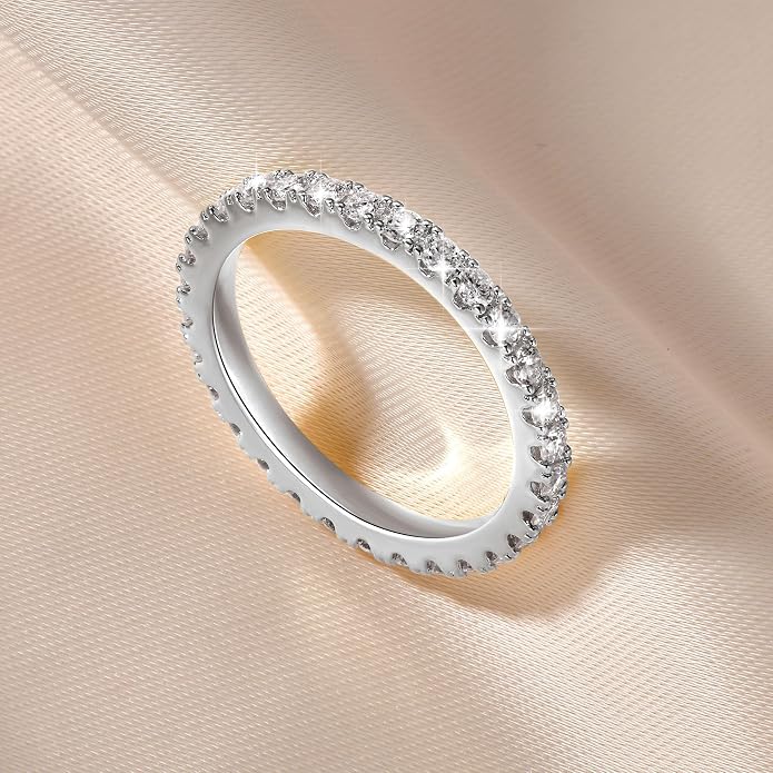 14K Gold Filled Silver Simulated Diamond Moissanite Engagement Promise Ring for Her, Stackable Ring Channel Setting Full Eternity Bridal Band Halo Rings Wedding Bands Size 4 to 10