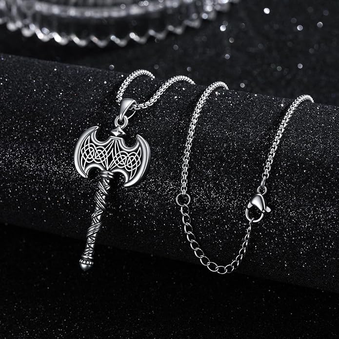 MEDWISE 925 Sterling Silver Viking Axe Necklace with Ebony Inlay, Celtic Knot Norse Pendant Axe Jewelry for Men Women, 20+2 Inch Stainless Steel Chain, Birthday Gifts Jewelry Gift for Father Husband Friend