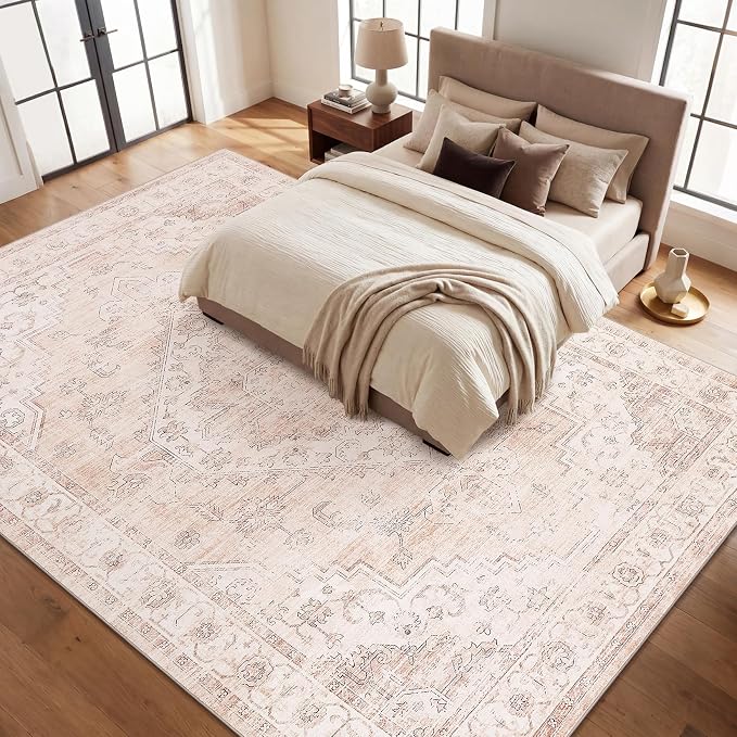 Garvee Pink 9x12 Area Rugs for Living Room, Boho Vintage Non-Slip Washable Rug Low Pile Stain Resistant Soft Foldable Large Carpet for Bedroom Dining Home Decor