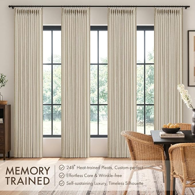 MIULEE 4 Panels Set Pinch Pleated Linen Curtains 90 Inches Long for Living Room Bedroom, Thick Linen Textured Memory Trained Pleat Drapes Back Tab Light Filtering Beige Window Curtains with Hooks