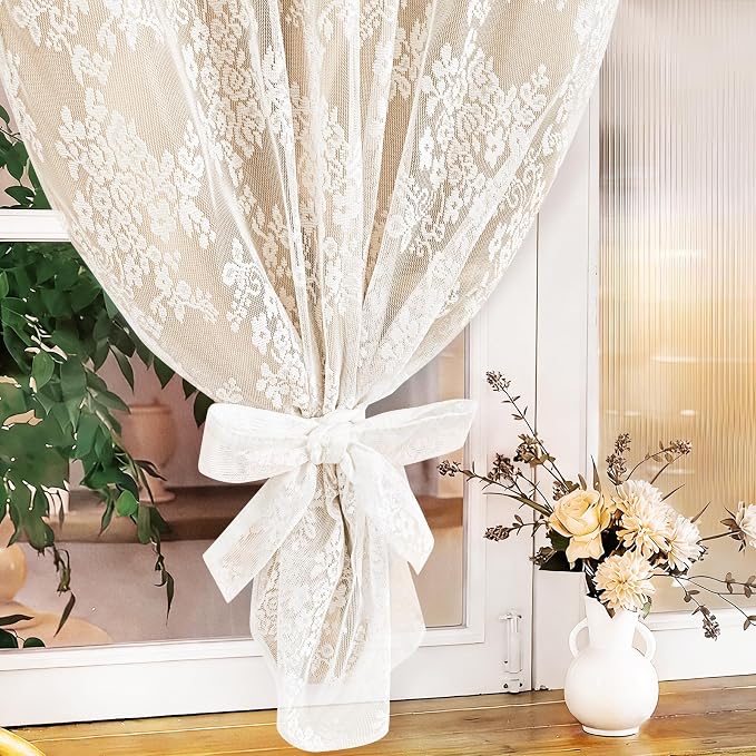 Yinhua Beige Kitchen Curtains 36 Inch Length Double Layer Blackout Cafe Curtains with Floral Sheer Overlay Rod Pocket Short Curtain for Windows, Small Window Curtain for Bathroom Living Room, 2 Panels