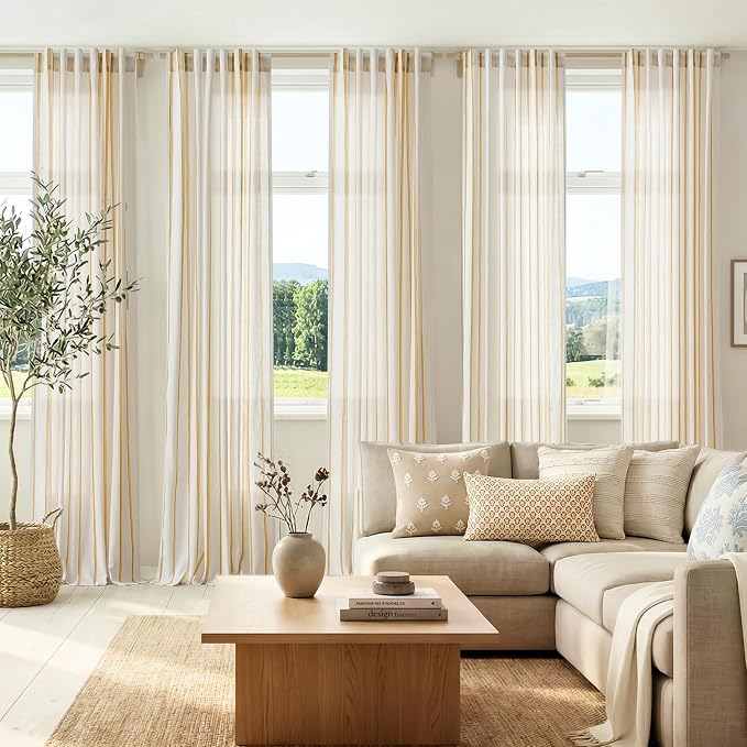 Vangao Striped Curtains Yellow on White Semi Sheer Curtains 96 Inches Long for Living Room Bedroom Modern Farmhouse Linen Textured Light Filtering Drapes 2 Panels Mustard Yellow W50 x L96 Inch