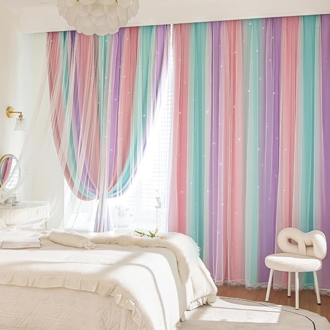 XiDi Curtains for Girls Bedroom Decor Rainbow Blackout for Kid Nursery Room | Colorful Rainbow Design, Pink Curtains, Princess Unicorn Wall Decor Ombre Curtains, Pink/Purple/Green, W34 X L84 2 Panels